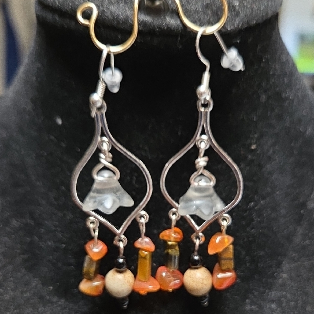 Silver-Tone Dangle Earrings with Orange and Cream Beads